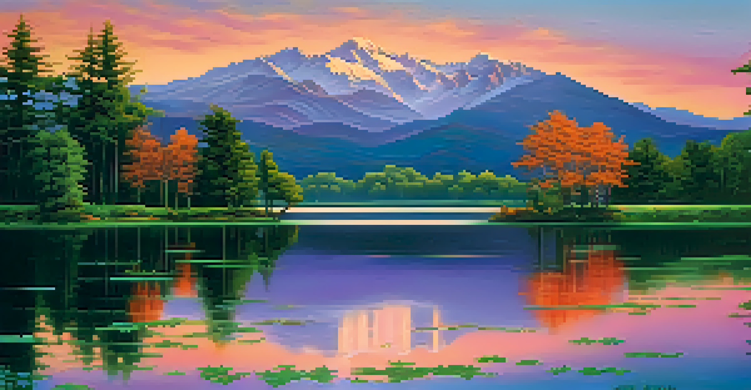 A tranquil lake at sunset, surrounded by trees and mountains, with vibrant colors reflecting on the water.