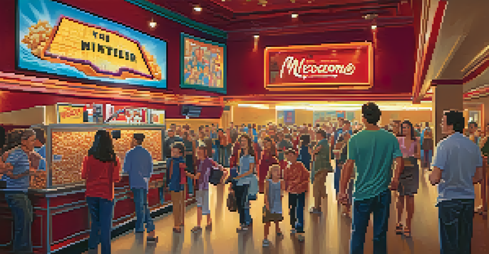 A crowded movie theater lobby with colorful movie posters and a popcorn counter, filled with excited moviegoers of different ages.