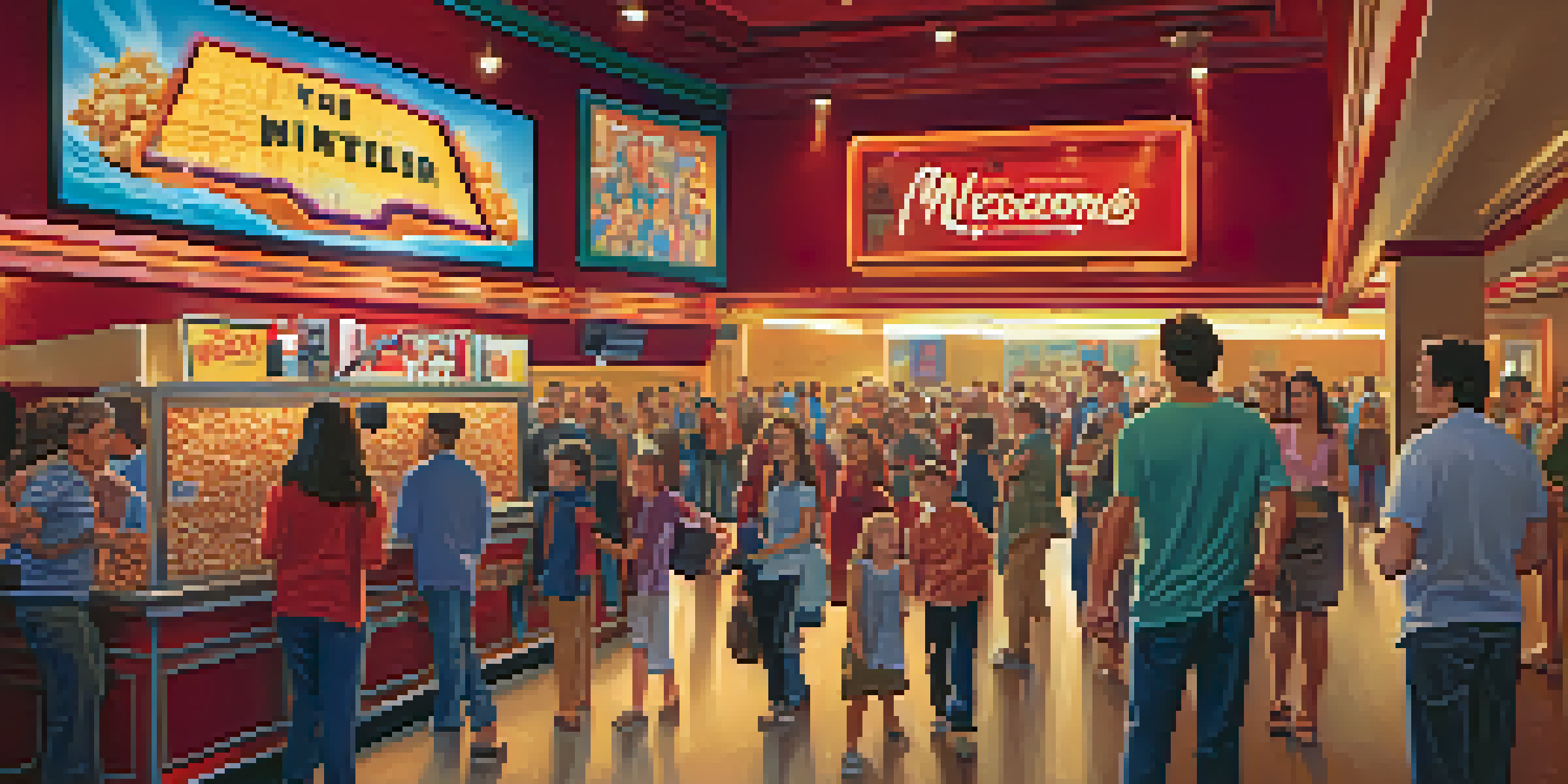 A crowded movie theater lobby with colorful movie posters and a popcorn counter, filled with excited moviegoers of different ages.