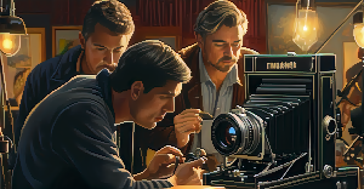 A filmmaker working on a vintage camera on a film set with crew members nearby.