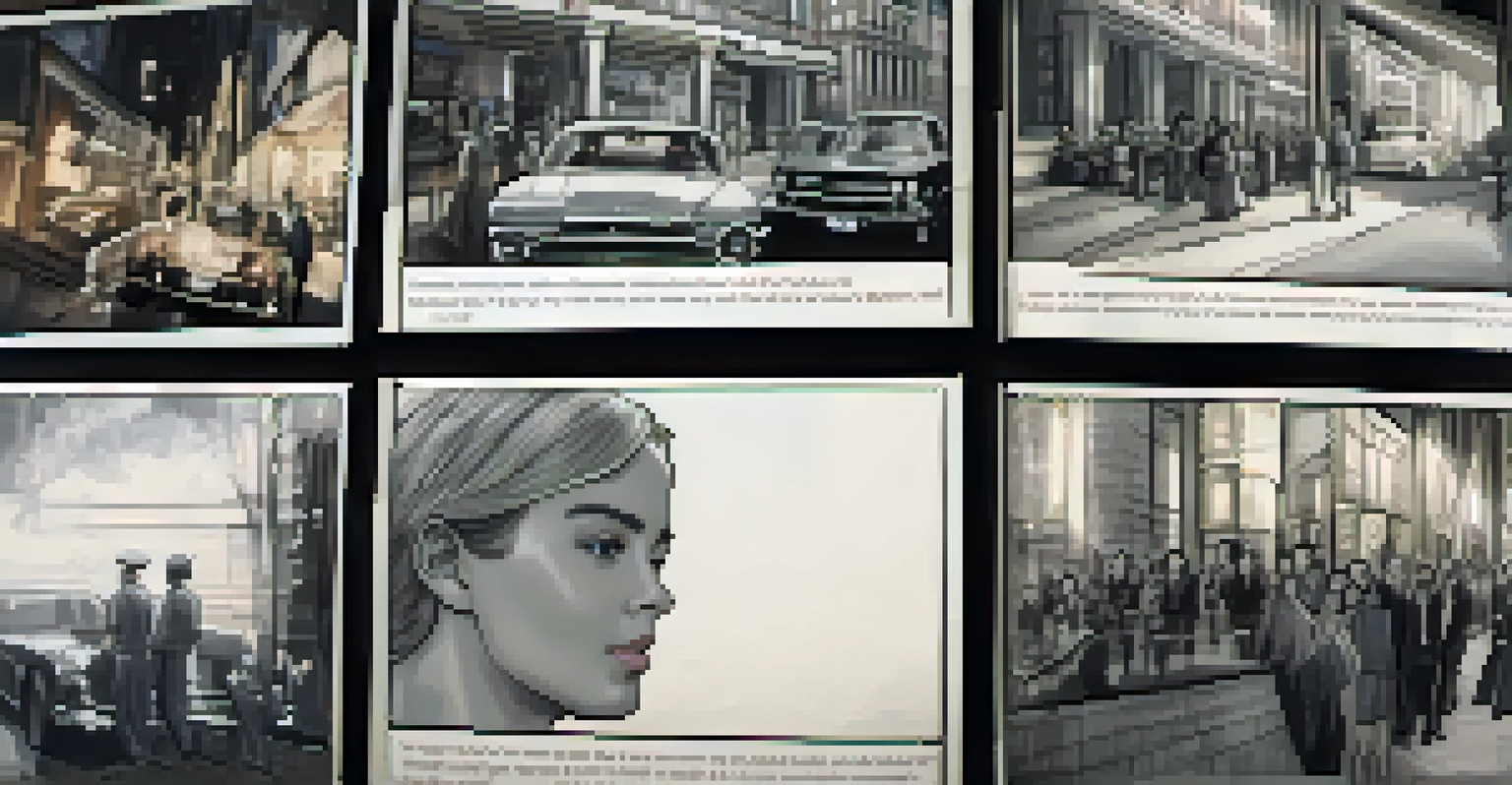 A close-up of a detailed storyboard displaying key frames and annotations for a film scene.