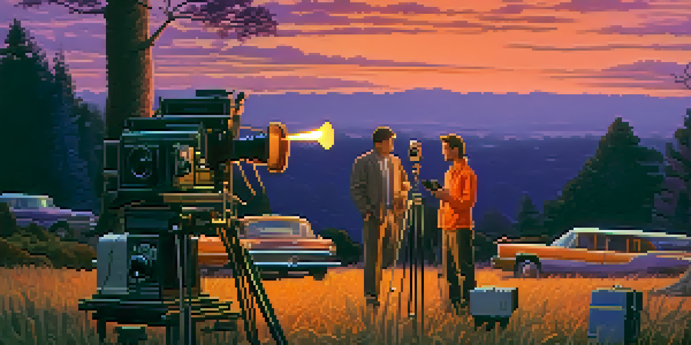 A film director and sound designer discussing sound design on an outdoor film set during dusk, surrounded by trees and sound equipment.