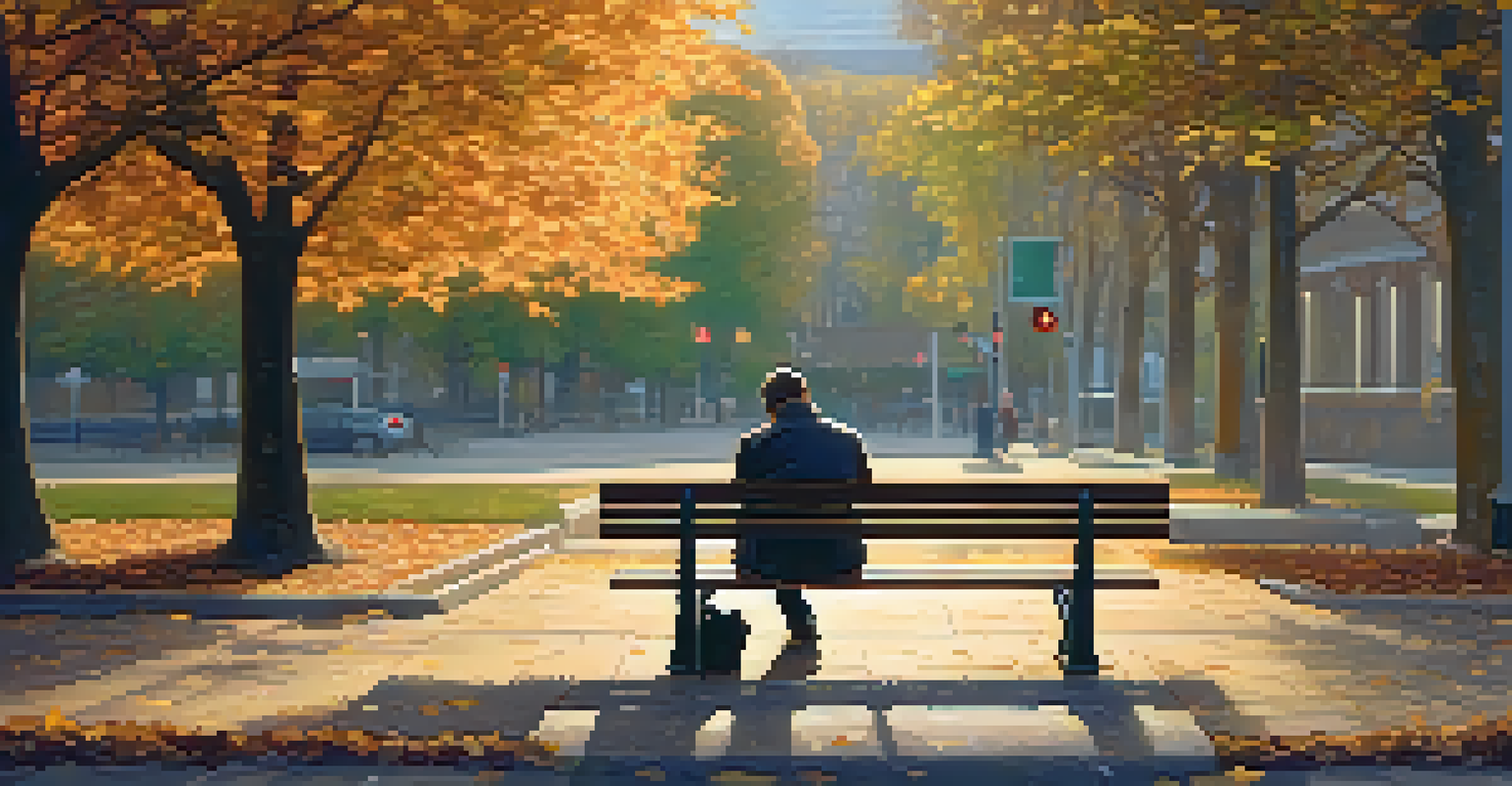 A thoughtful hero sitting on a park bench in golden hour light, surrounded by autumn leaves, evoking a sense of nostalgia.