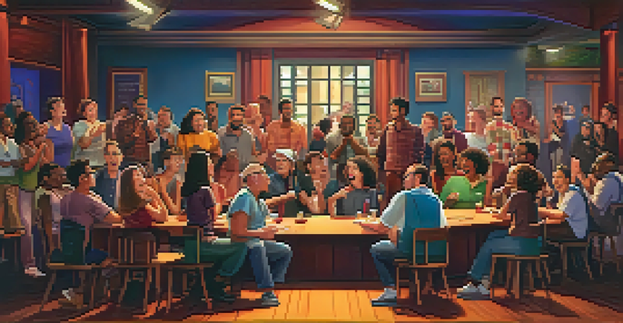 A comedy improv scene in a cozy theater with diverse actors on stage, illuminated by warm lighting, engaging an enthusiastic audience.