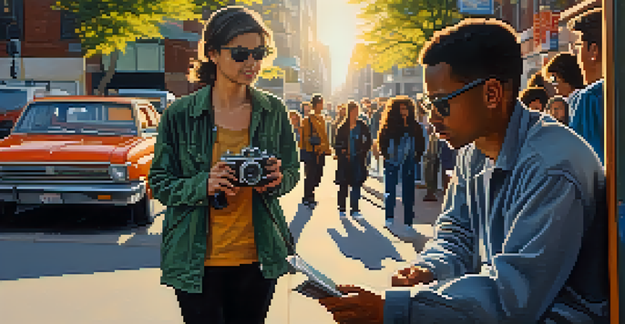 A documentary filmmaker capturing street life in a vibrant urban setting with a vintage camera, surrounded by diverse people and street art.