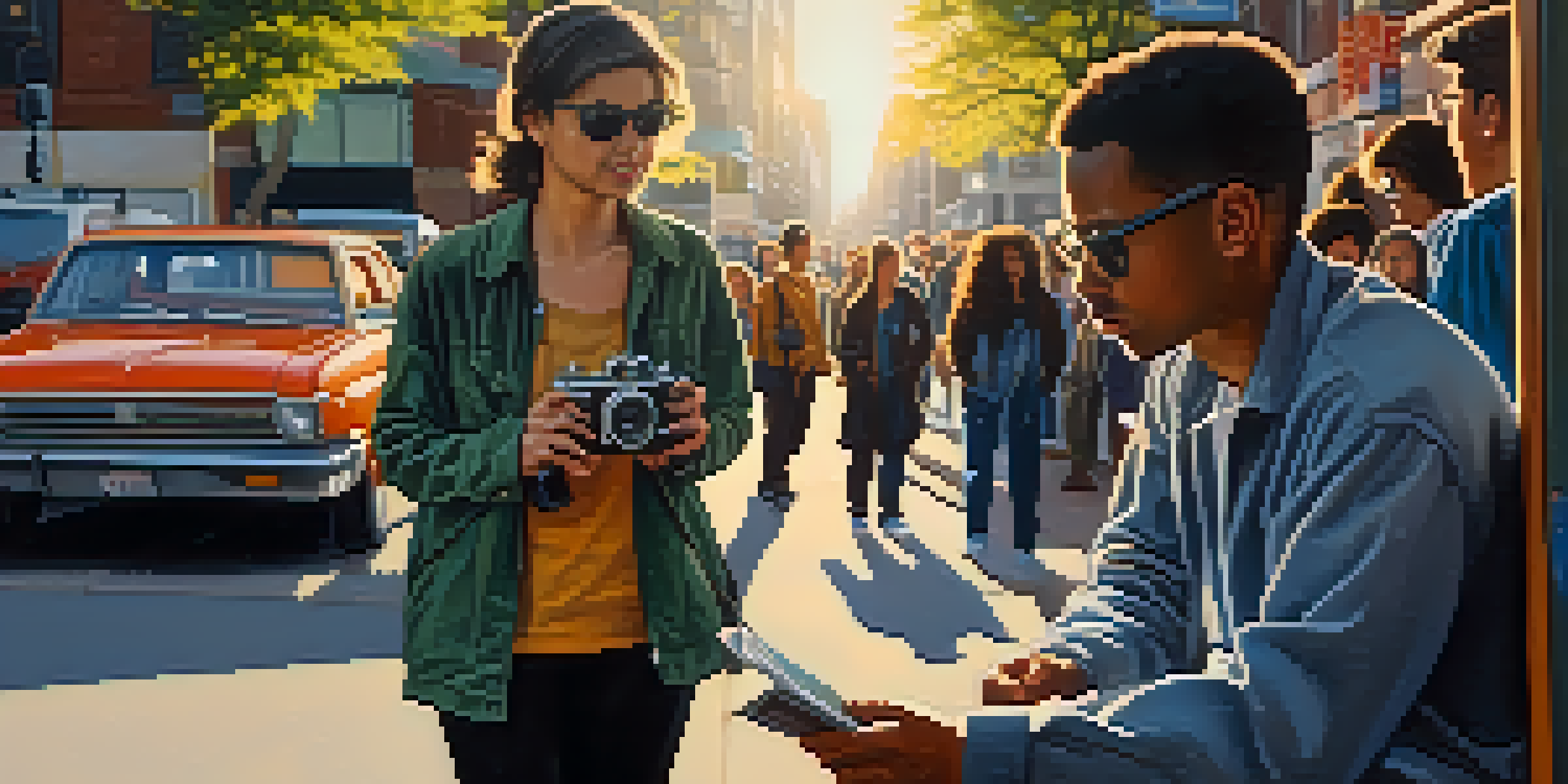 A documentary filmmaker capturing street life in a vibrant urban setting with a vintage camera, surrounded by diverse people and street art.