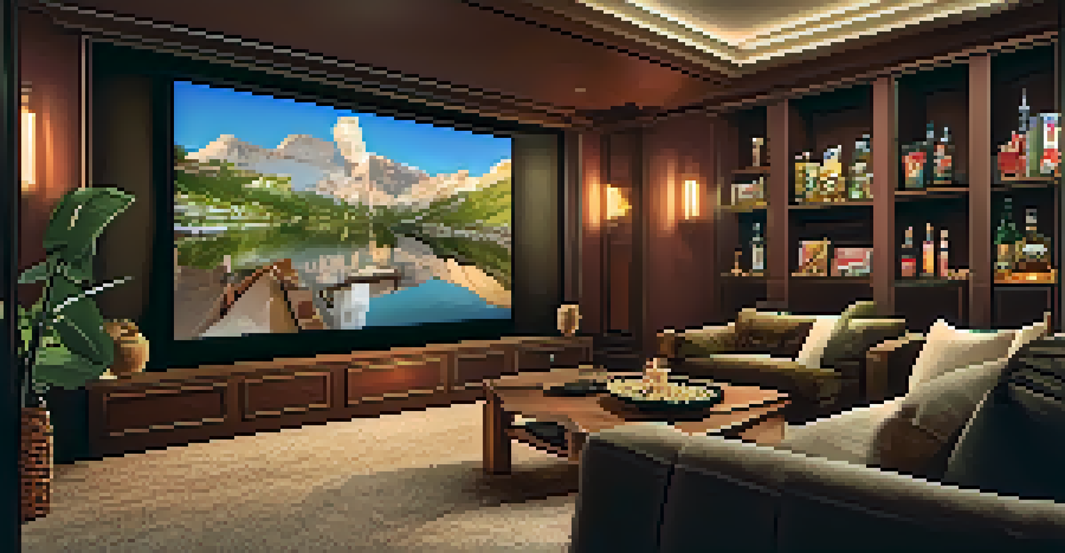 A home theater with an international film on screen and cozy decorations.