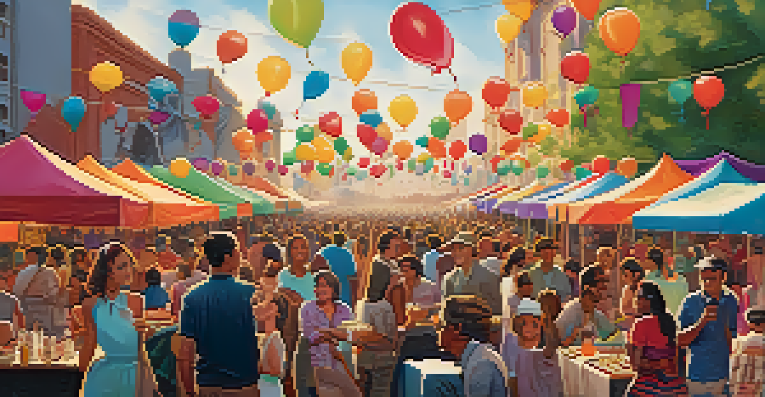 An outdoor film festival with diverse people discussing films, colorful banners, and a screen showing a movie.