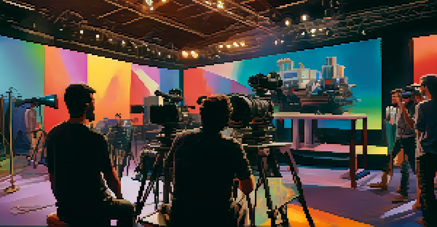 A modern film production set with crew members using cameras and lights, actively discussing a script in a vibrant atmosphere.