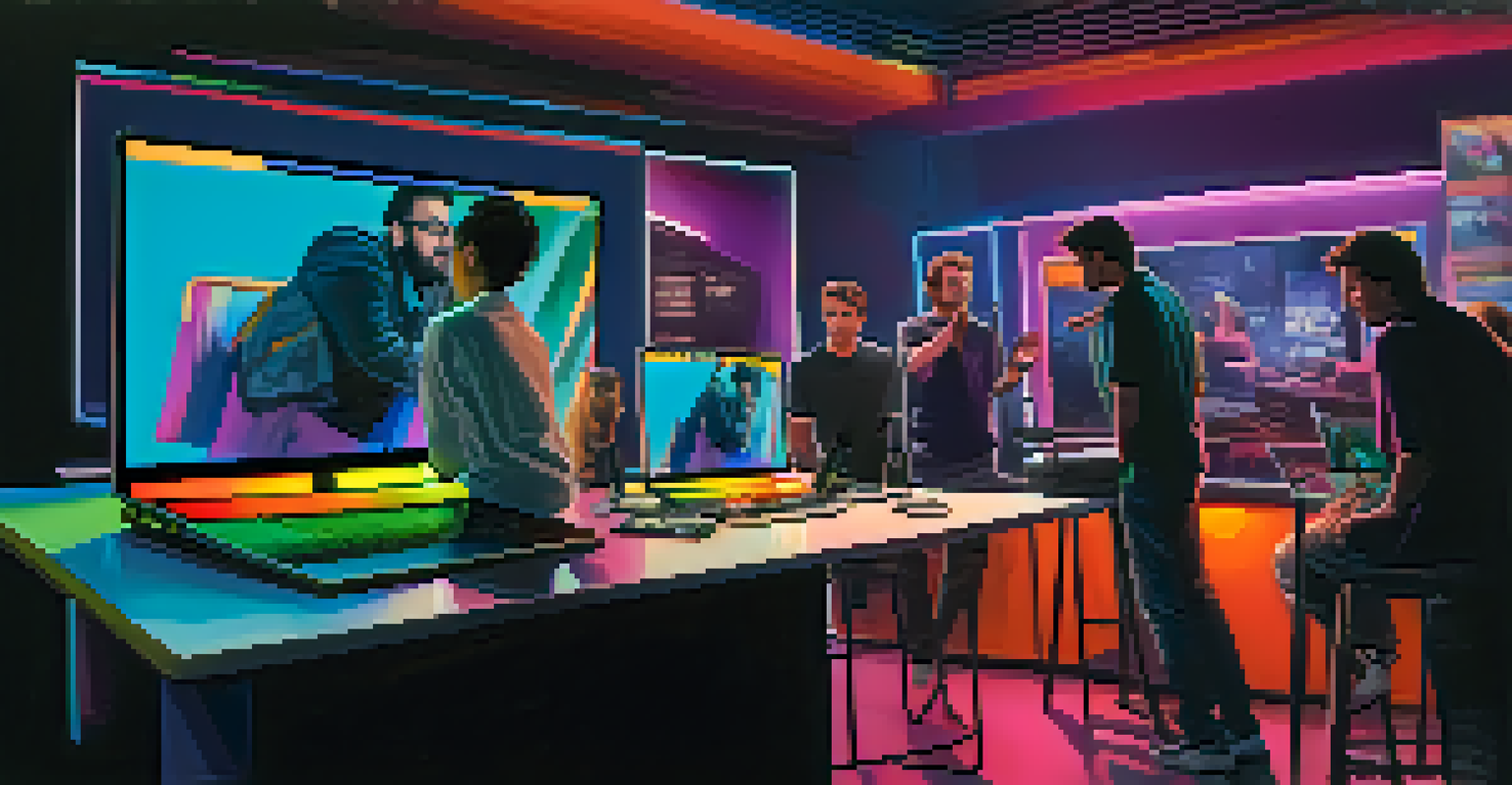 A film set with a director and crew reviewing footage, colorful lights, and a screen showing social media reactions.
