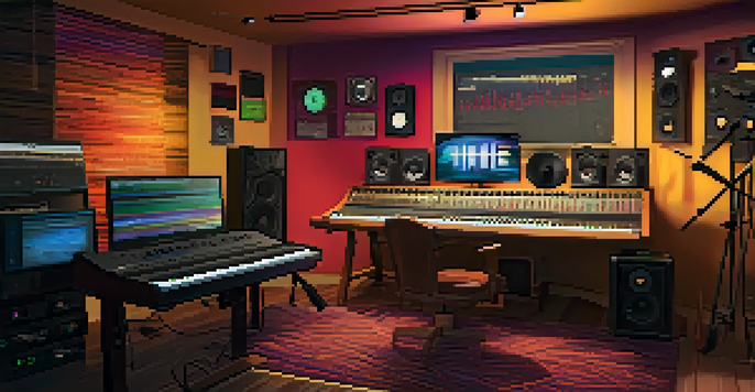 A Hollywood actor performing voice acting in a colorful recording studio filled with sound equipment.