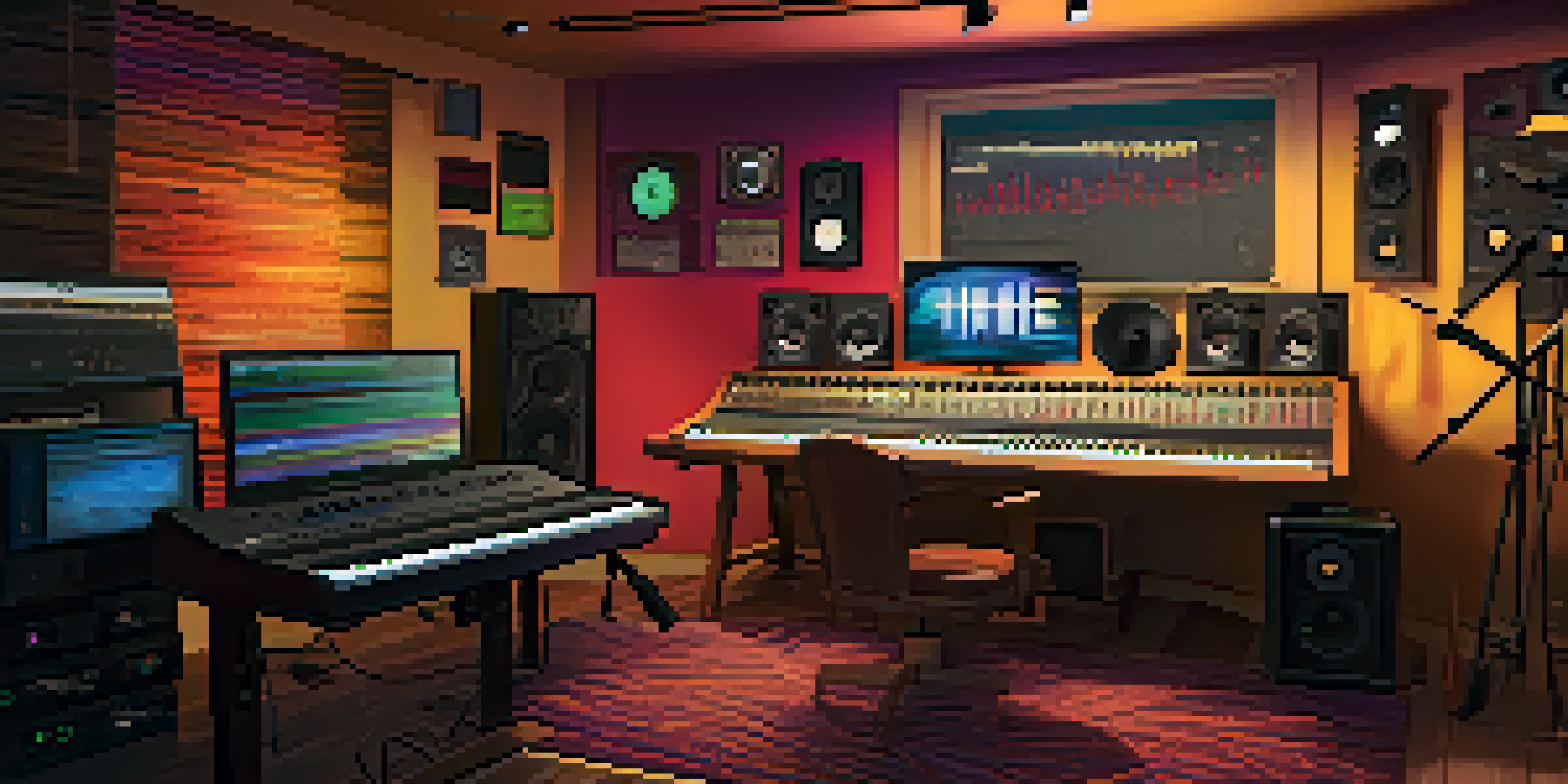 A Hollywood actor performing voice acting in a colorful recording studio filled with sound equipment.