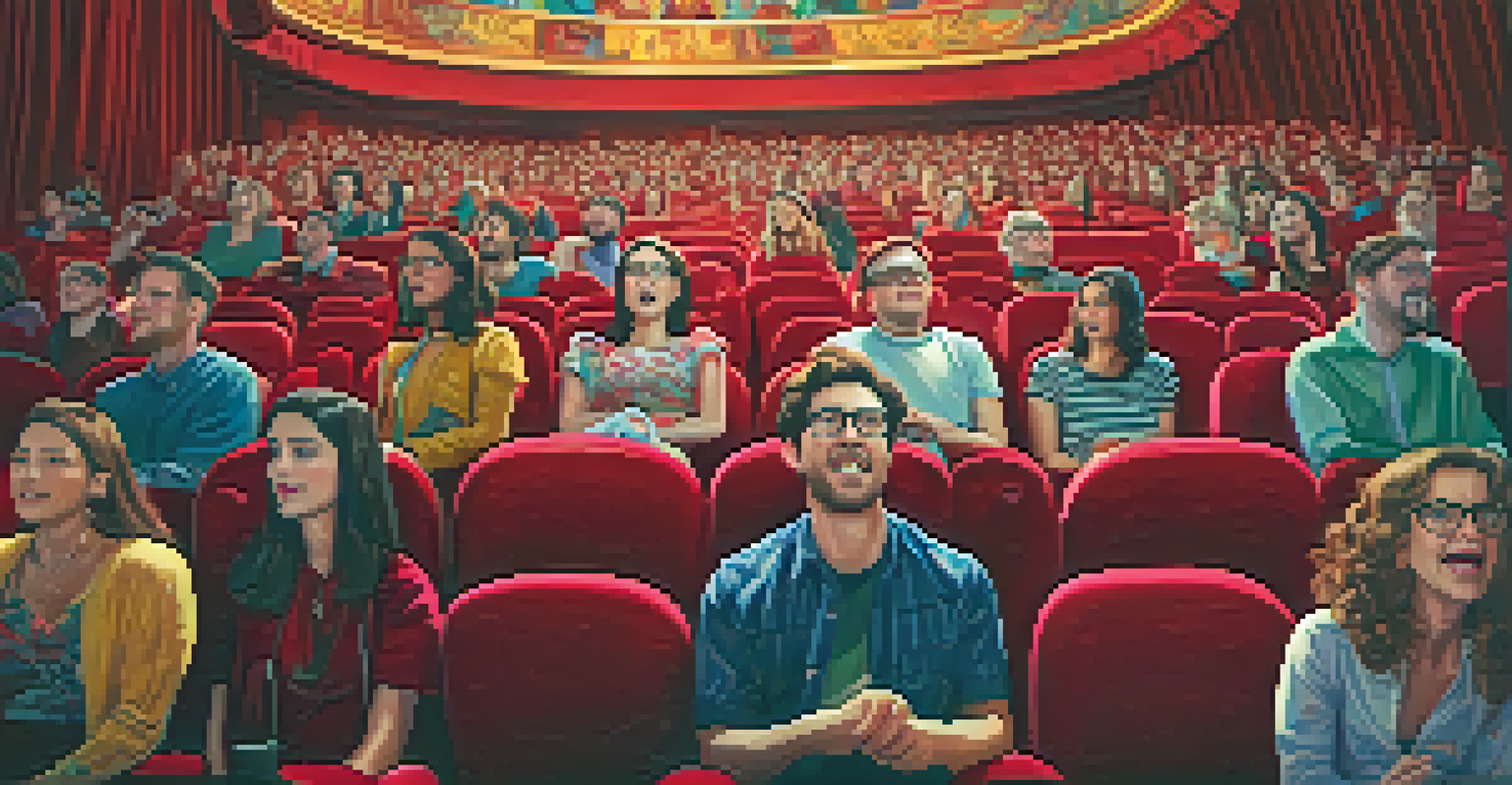A filmmaker watching their film in a packed theater, with an audience reacting to the screen.
