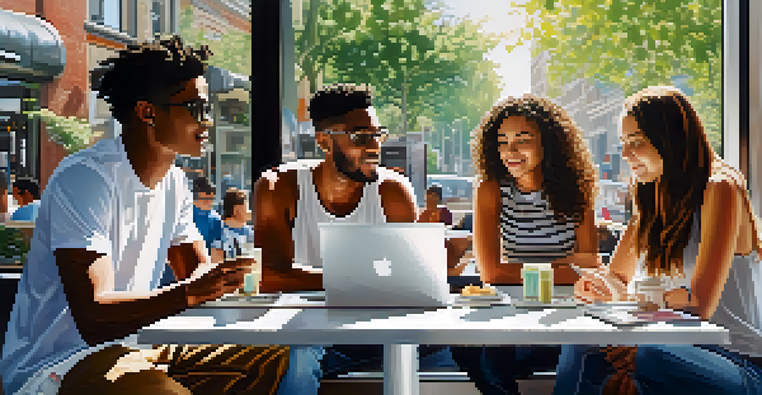 A modern café scene with young adults discussing and using technology, showcasing a bright and stylish urban environment.