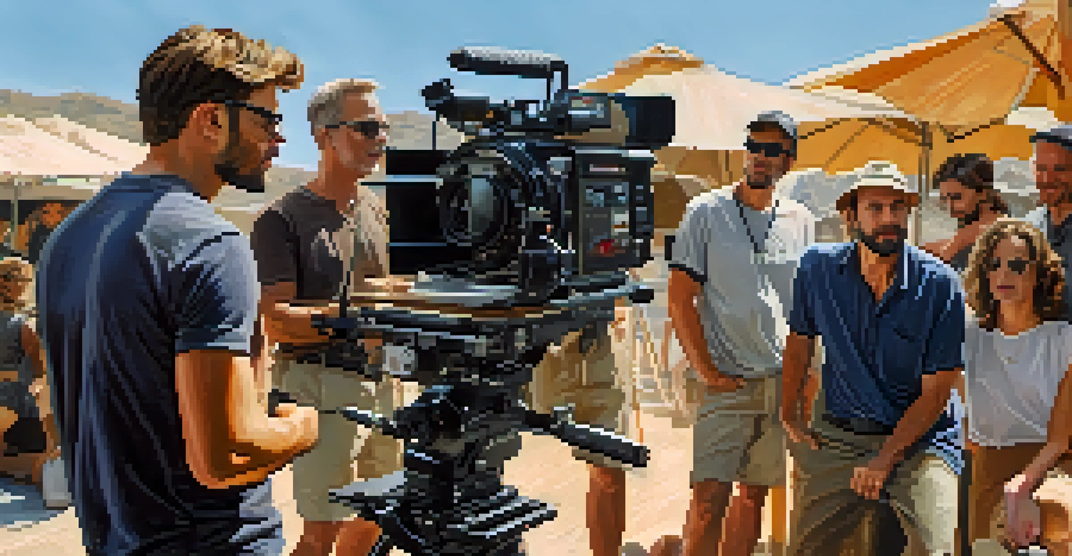 A modern film director passionately directing on set with crew members and filming equipment in bright daylight.