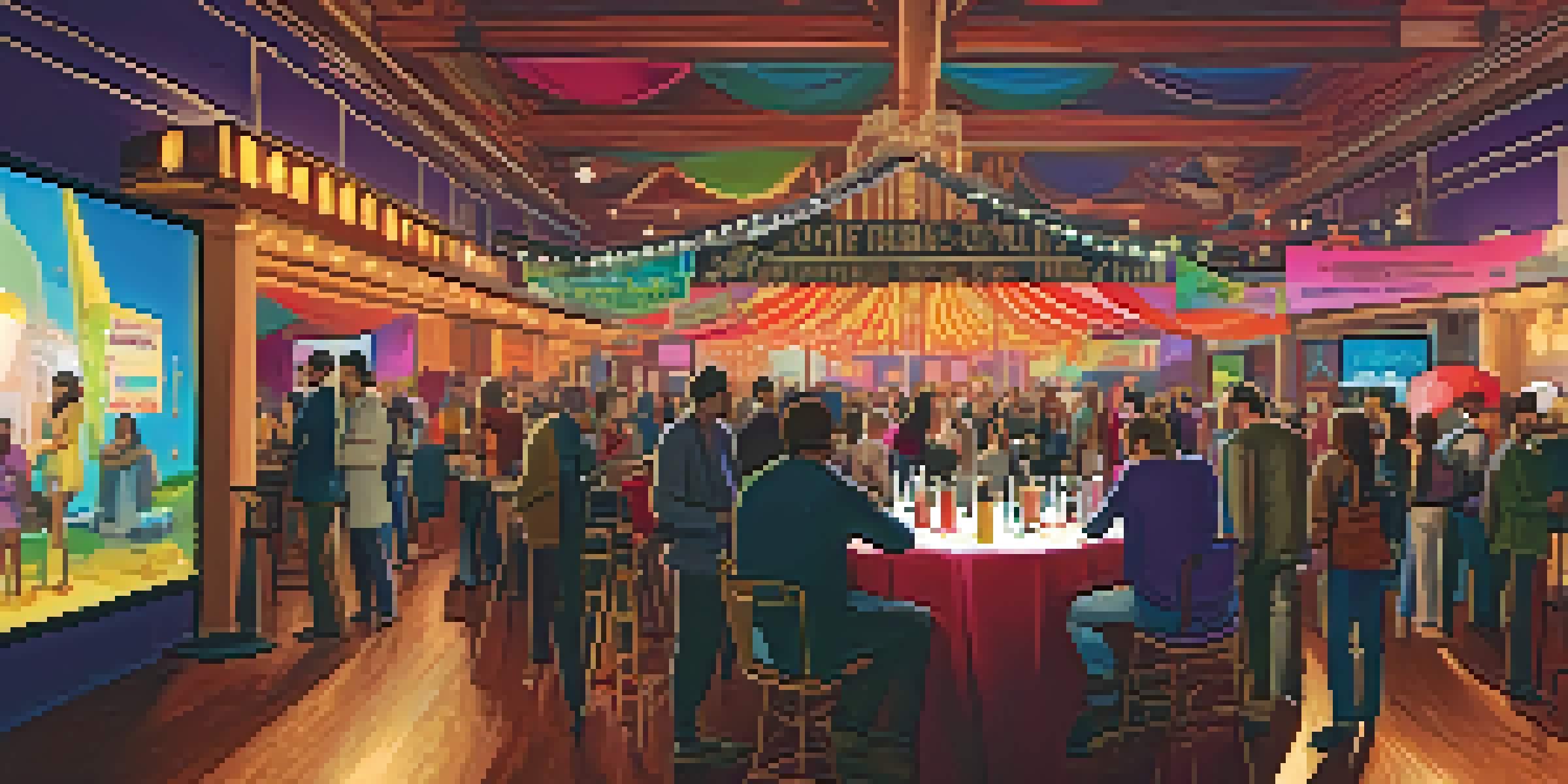 A lively film festival scene with filmmakers networking, colorful decorations, and a projector displaying a film.