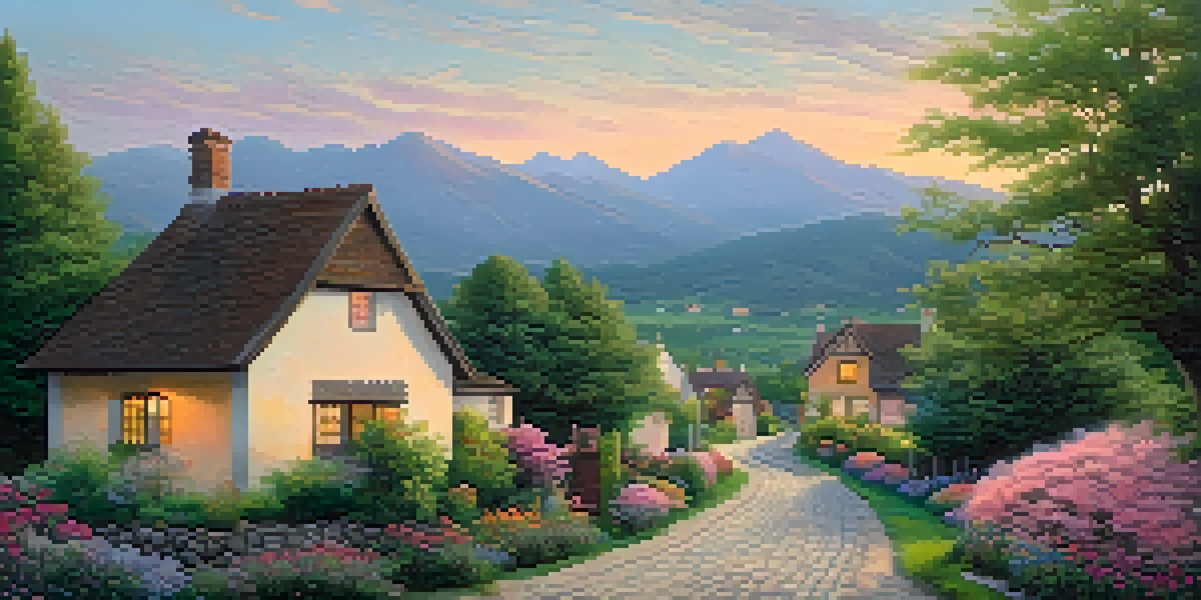 A quiet town at dawn with a cobblestone path, a charming cottage, blooming flowers, tall trees, and distant mountains.