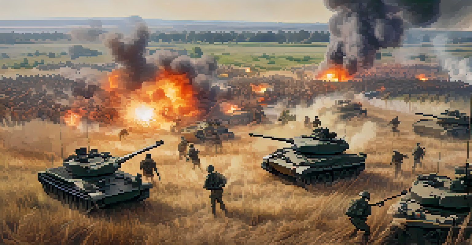 Aerial view of a battlefield with soldiers in action and smoke from explosions.