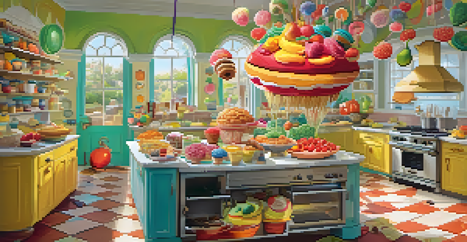 A cheerful kitchen with imaginative food items and a family trying to recreate animated dishes.