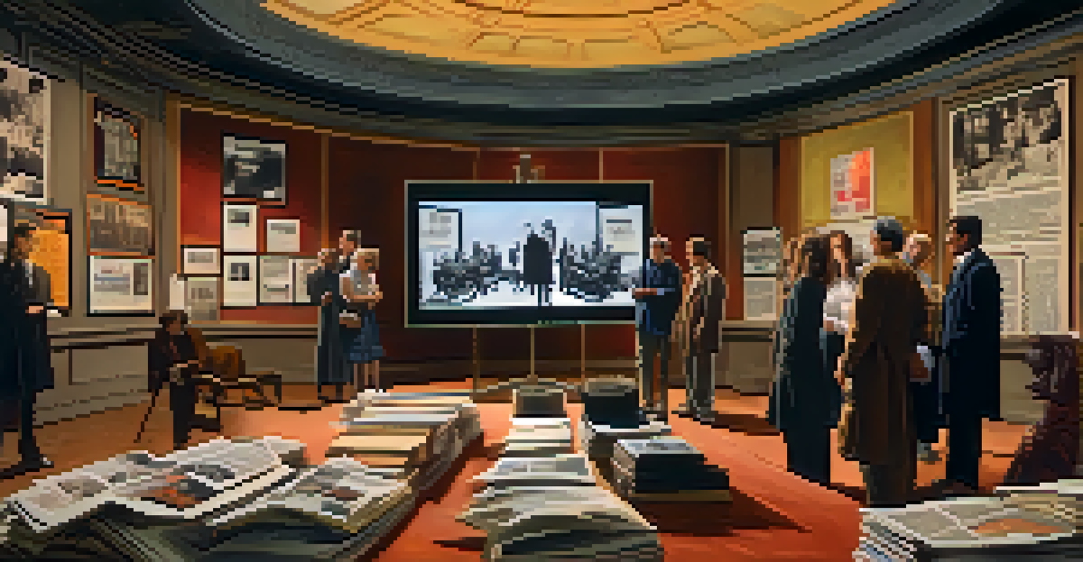 A group of diverse historians and filmmakers discussing ideas in a film set filled with historical posters and books.