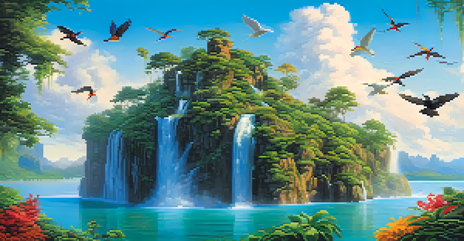 A floating island in a bright blue sky with lush greenery and cascading waterfalls, surrounded by fluffy white clouds and colorful birds.