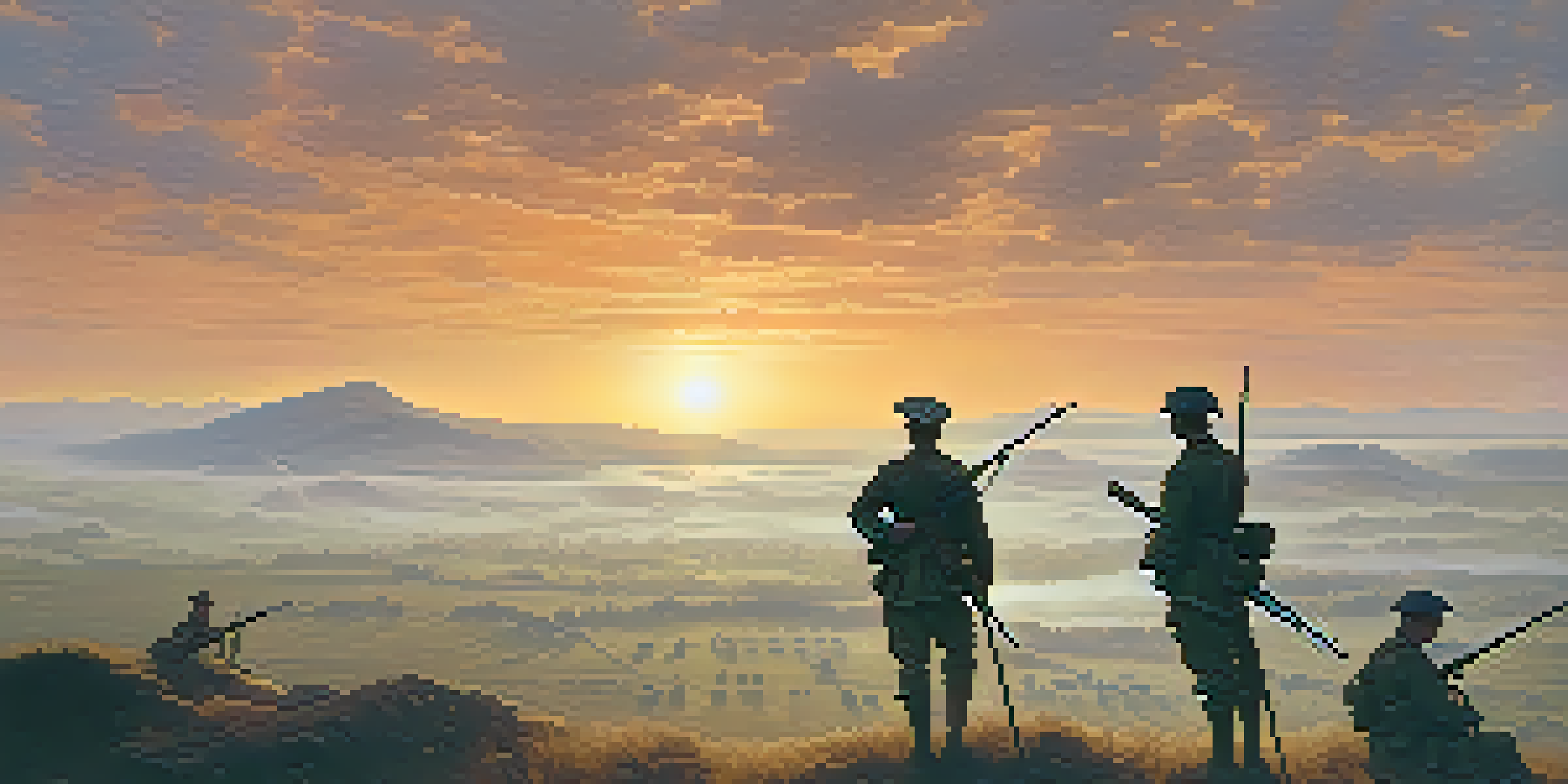 A peaceful battlefield at dawn with soldiers silhouetted against the soft golden light and mist.