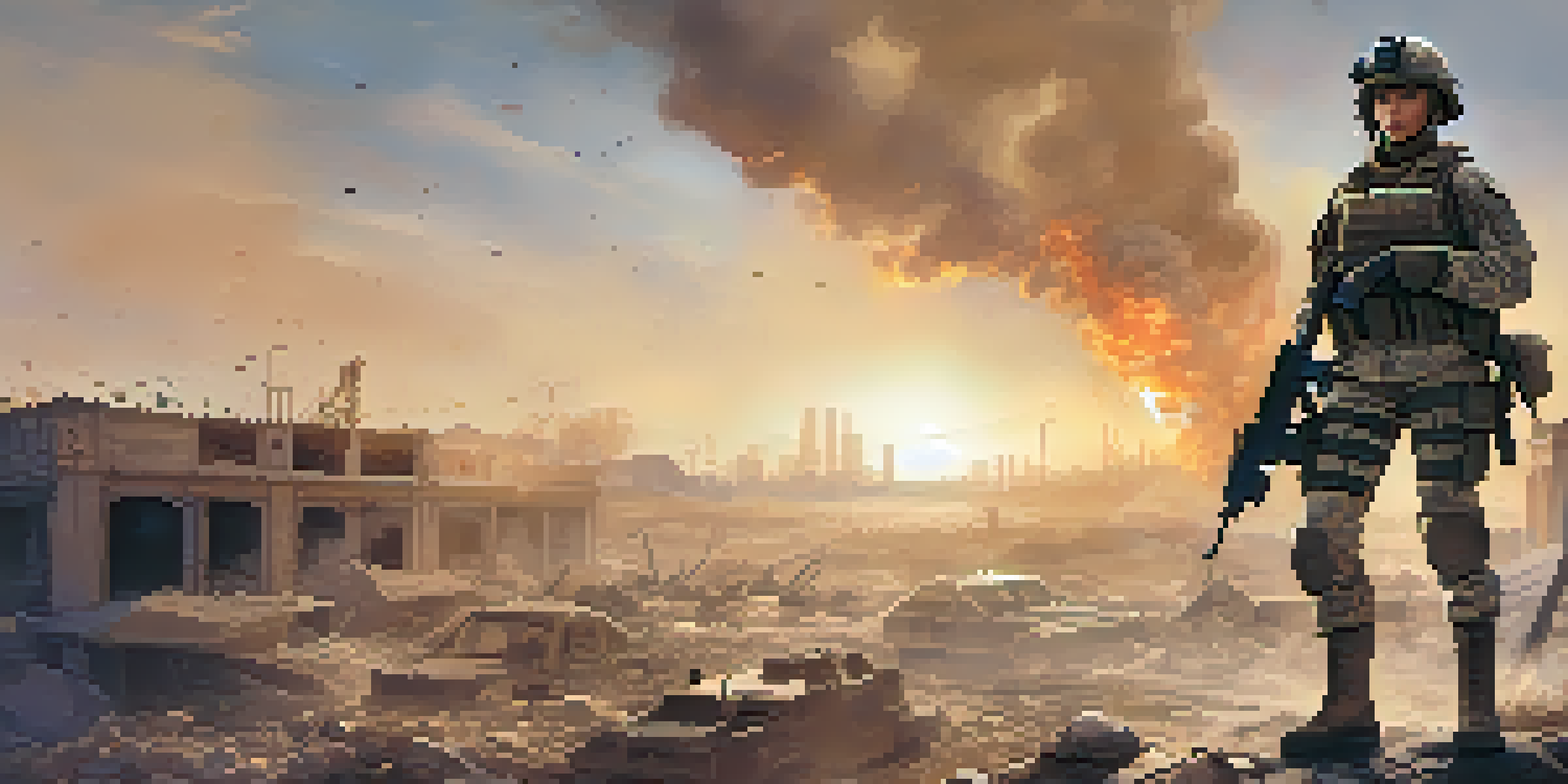 A female soldier in a combat uniform stands confidently in a war-torn landscape with crumbling buildings and smoke.