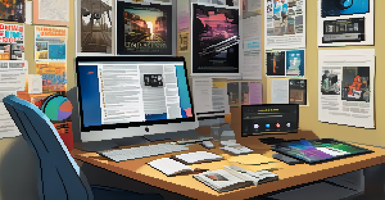 A modern digital film criticism setup with a laptop, microphone, and colorful film posters on the walls, reflecting contemporary film review practices.