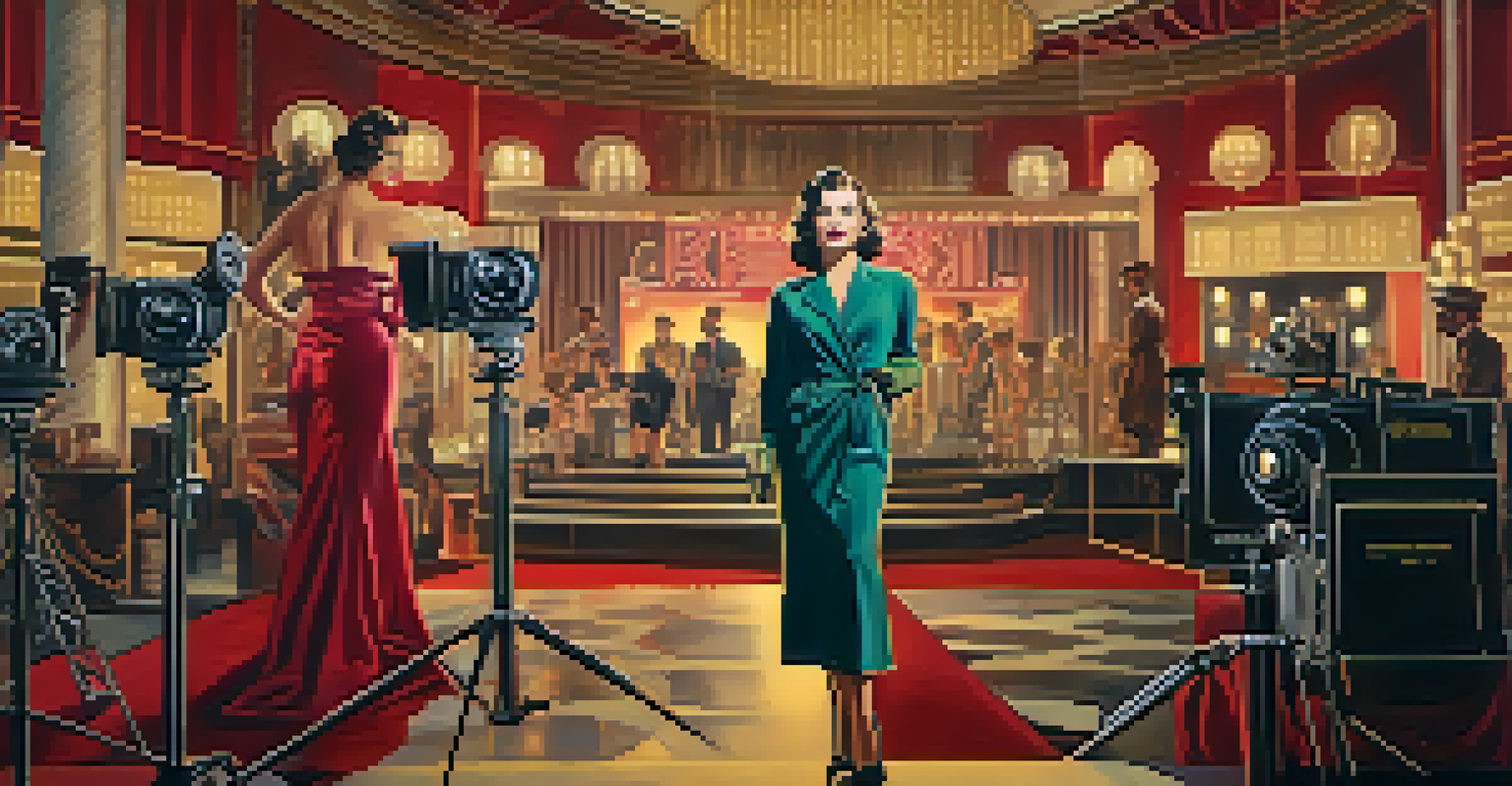 A confident female actress in glamorous attire on a Hollywood movie set, surrounded by vintage cameras and bright lights.