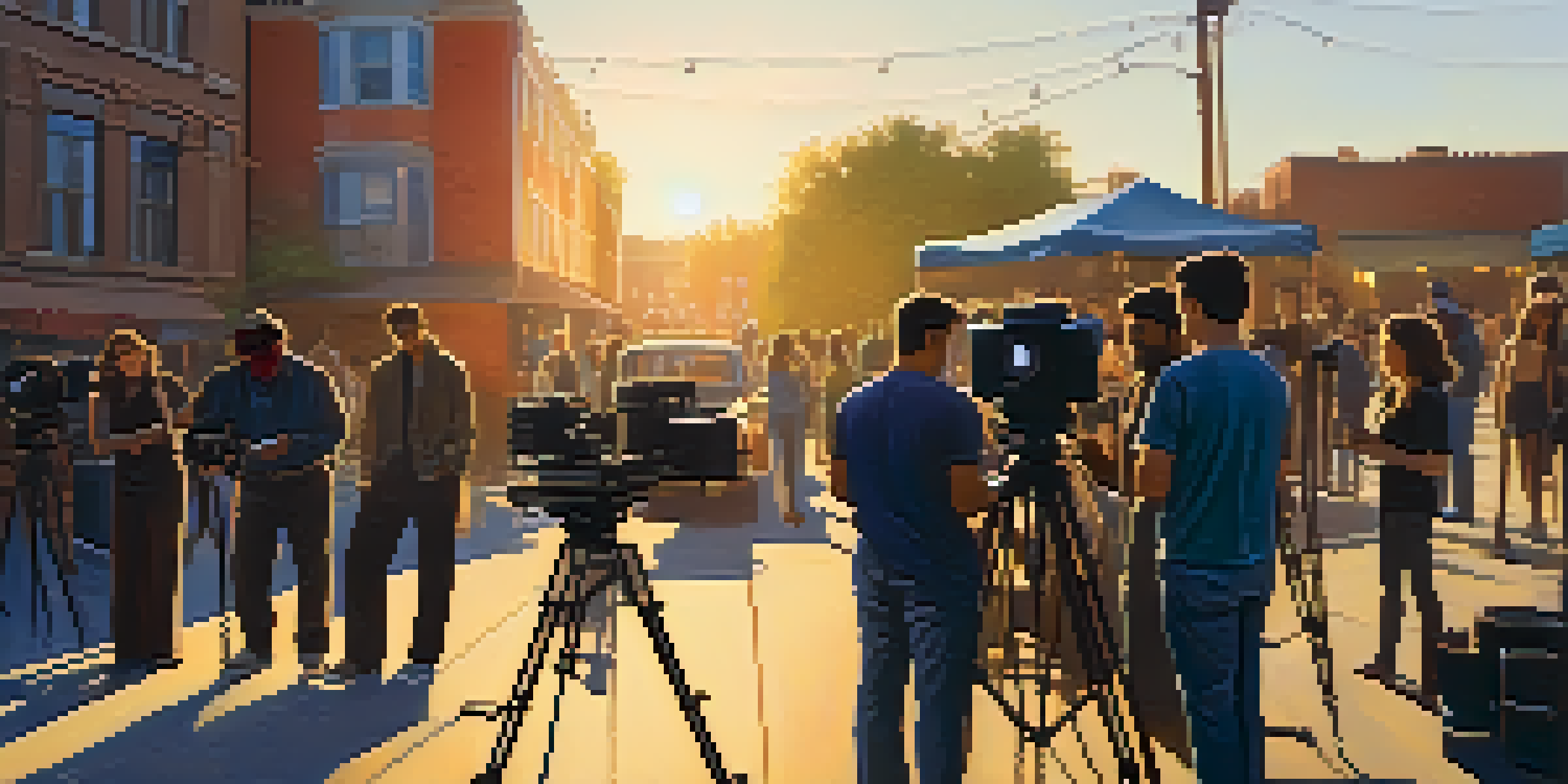 A vibrant film set with a director, crew, and actors under warm sunset light.