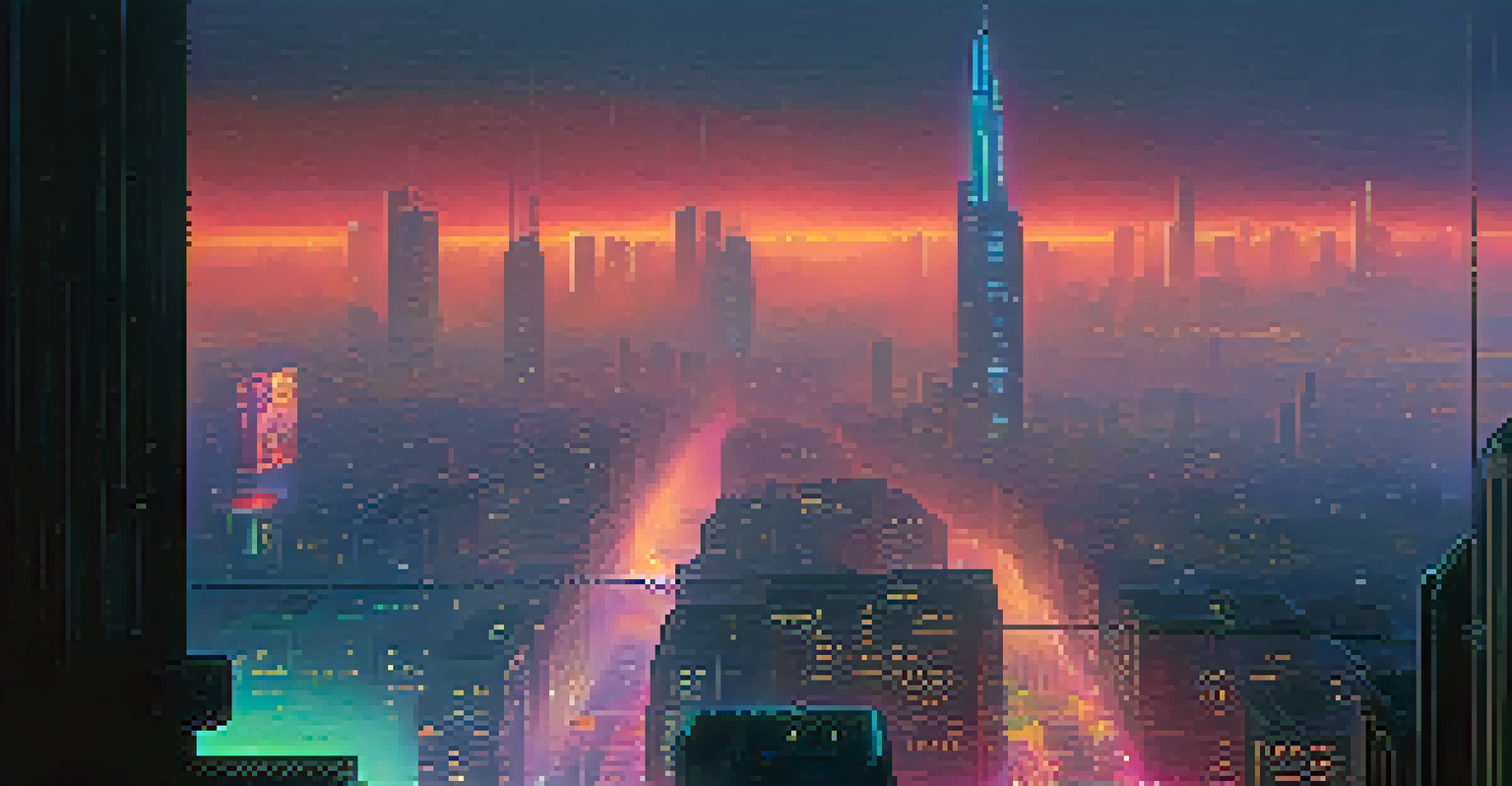 A dystopian cityscape with towering skyscrapers and neon lights reflecting off rain-soaked streets, creating a moody atmosphere.