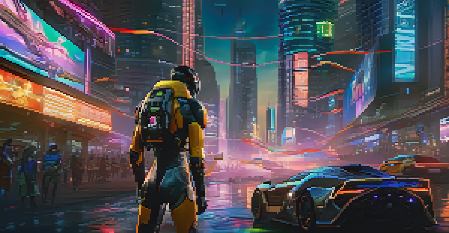A hero character in futuristic armor, ready for action against a neon-lit city background.