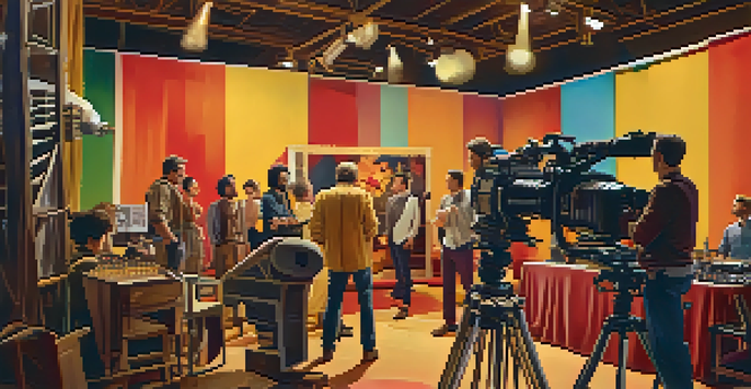 A film set with a director discussing a scene with actors, surrounded by crew and colorful props under warm lighting.
