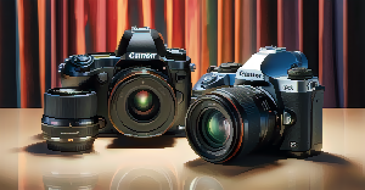 A modern DSLR camera and a mirrorless camera on a photography backdrop, highlighting their interchangeable lenses under bright studio lights.
