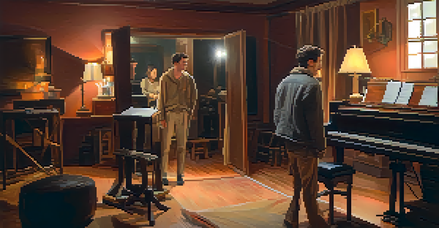 Actors practicing a dialogue in a cozy studio with soft lighting and props.