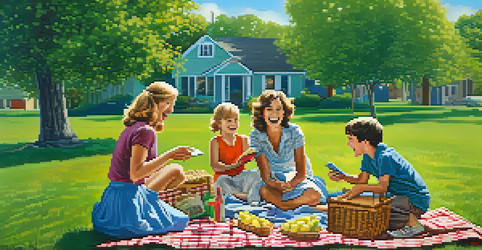 A family enjoying a picnic outdoors, laughing while watching classic comedy clips on a portable screen.