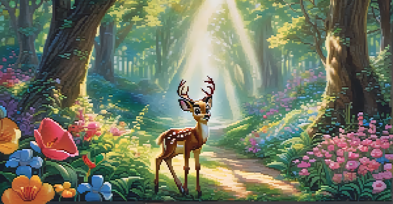 A magical forest scene with Disney characters like Bambi and Cinderella, surrounded by flowers and sunlight.
