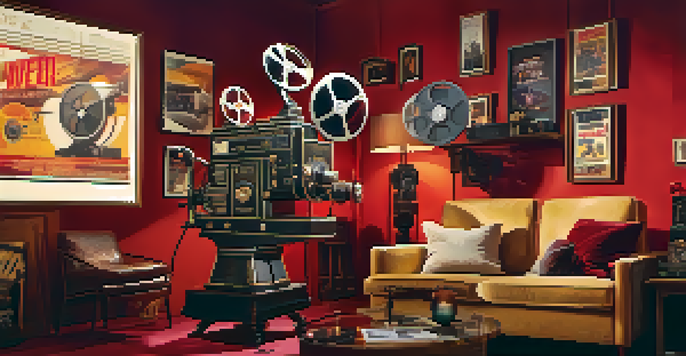 A film set contrasting vintage and modern cinema technology, with warm lighting and colorful movie posters.