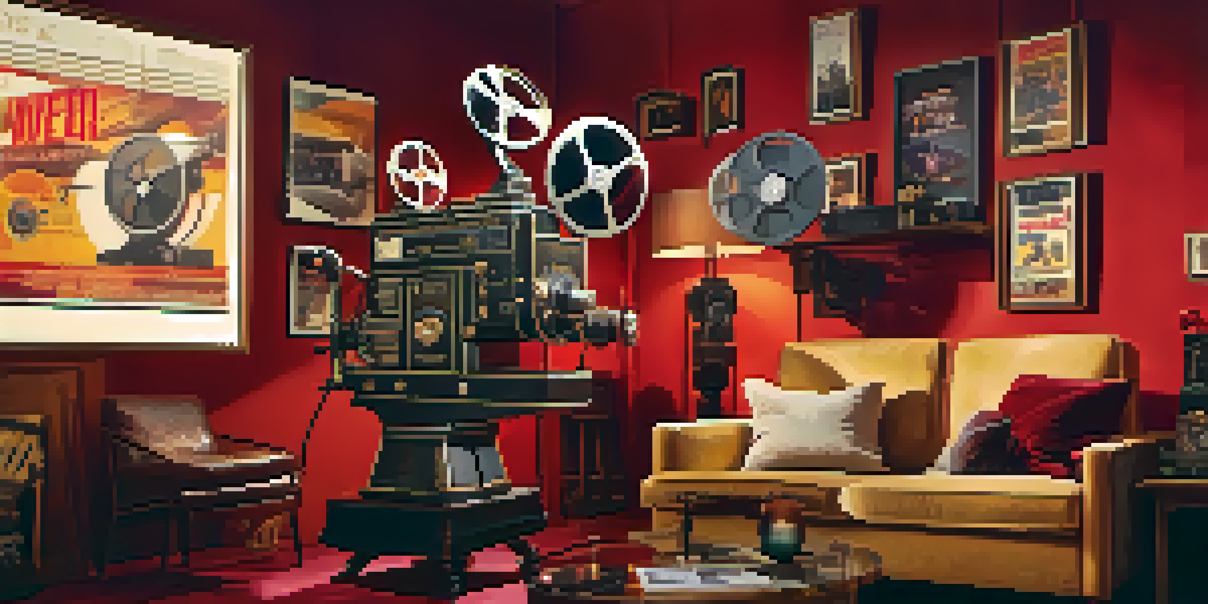 A film set contrasting vintage and modern cinema technology, with warm lighting and colorful movie posters.