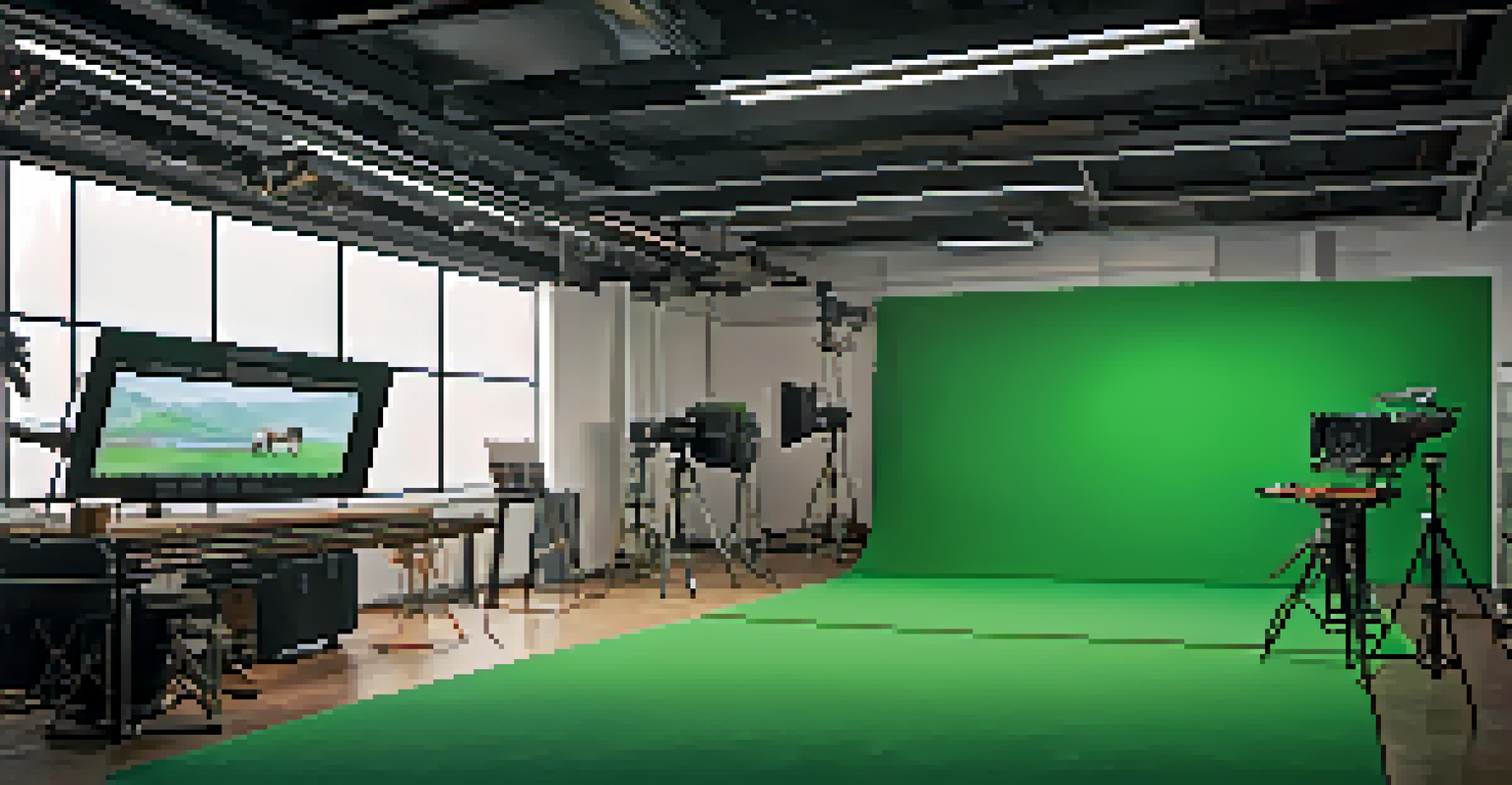 An indoor film studio with a green screen setup and various filmmaking equipment.