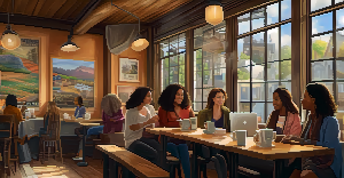 A coffee shop scene with diverse women discussing film, surrounded by warm lighting and movie posters.