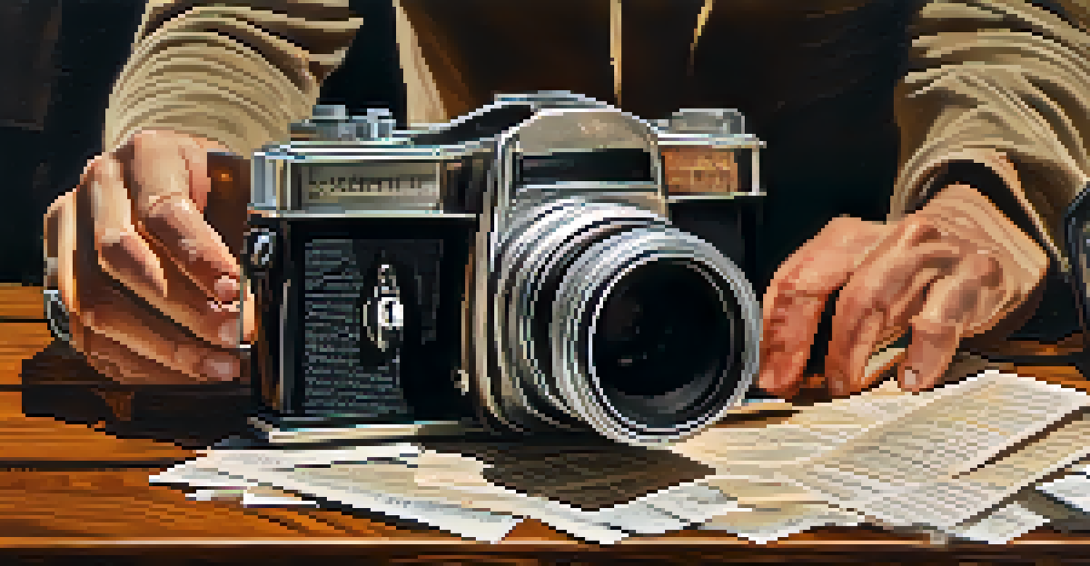 Close-up of a filmmaker's hands holding a vintage film camera with film reels and scripts on a table.
