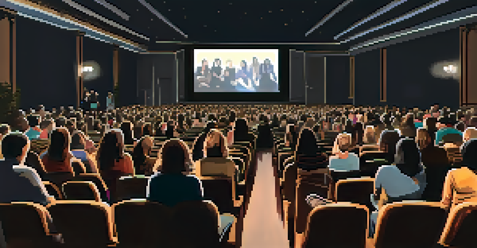 An audience captivated by a female-directed film screening in a dimly lit venue with a large screen.