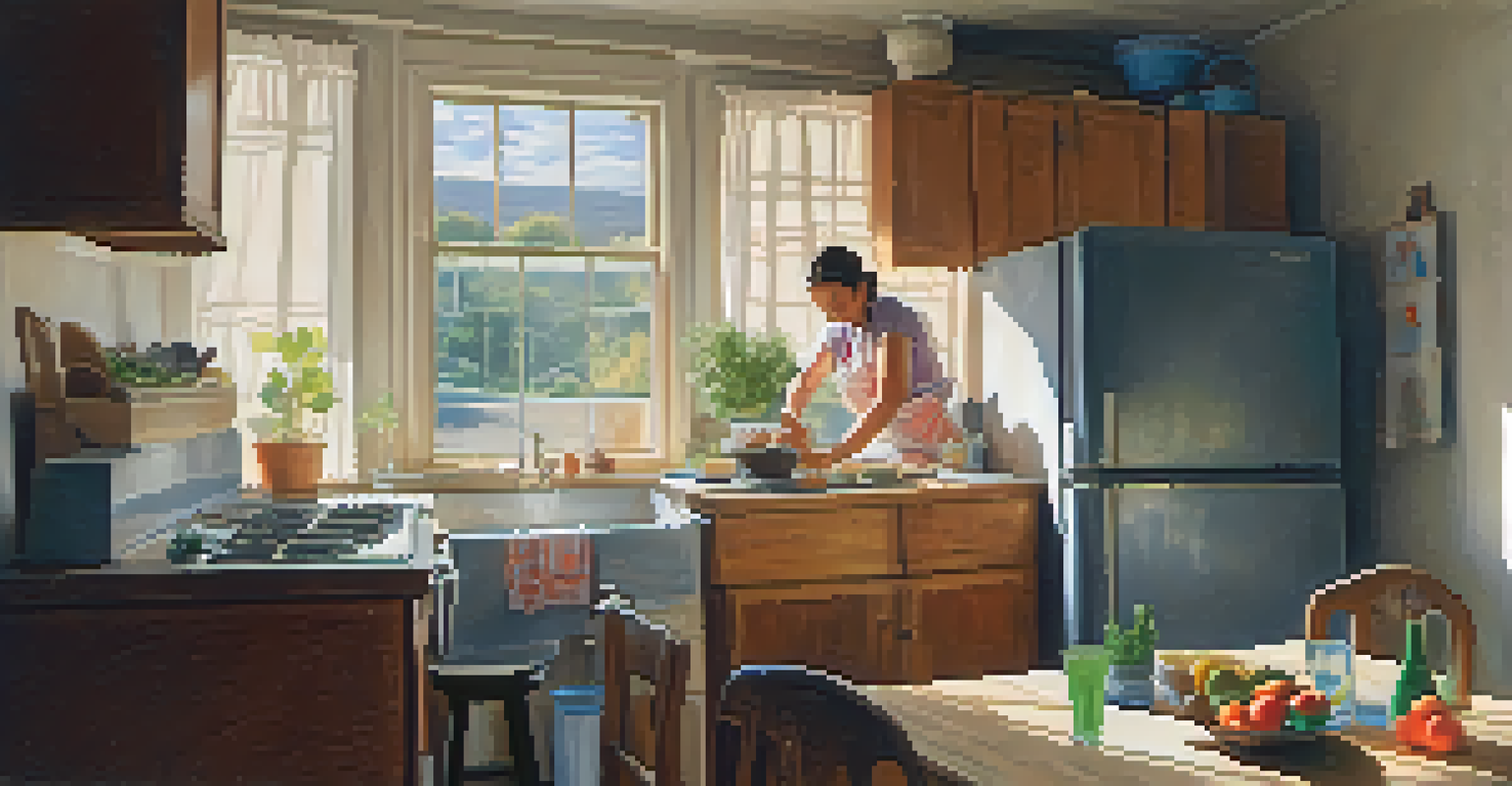 A mother cooking in a small kitchen with a child drawing at the table, symbolizing hope amidst hardship.