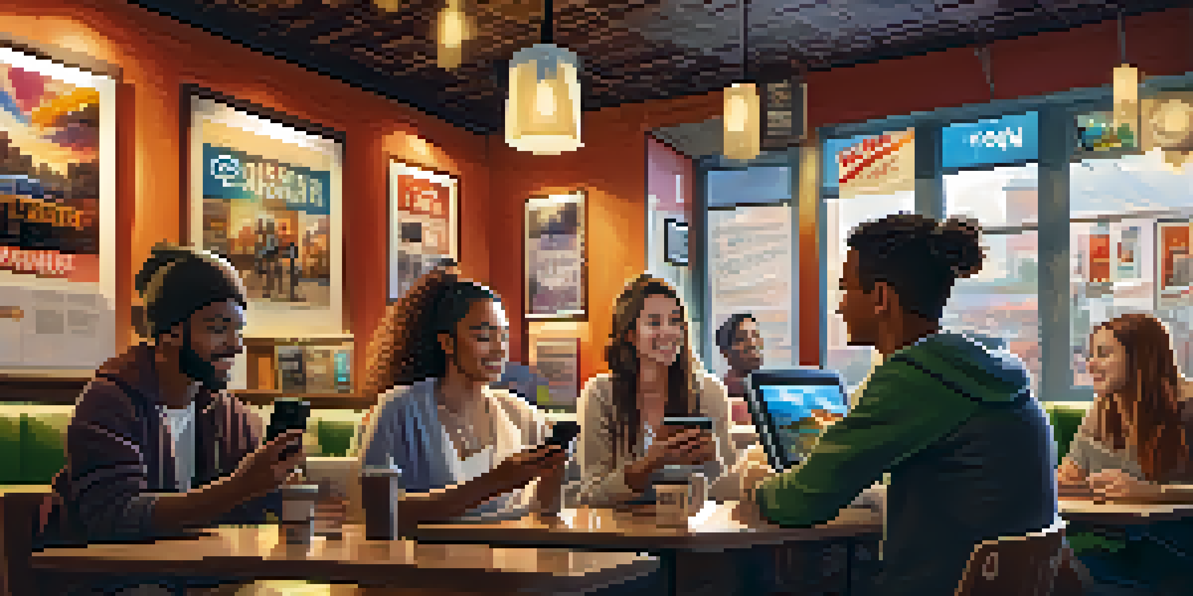A group of young adults in a coffee shop, discussing movies while using their smartphones, surrounded by movie posters and social media icons.