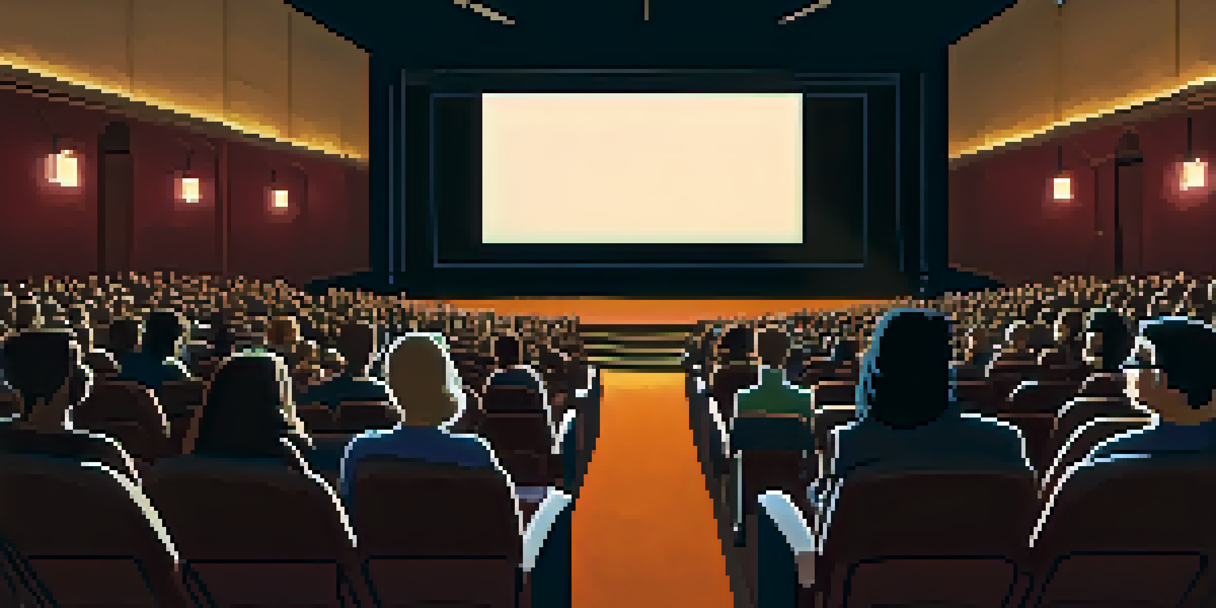A diverse audience in a dark theater watching a short film, with visible emotions of laughter and contemplation, illuminated by the projector's warm glow.