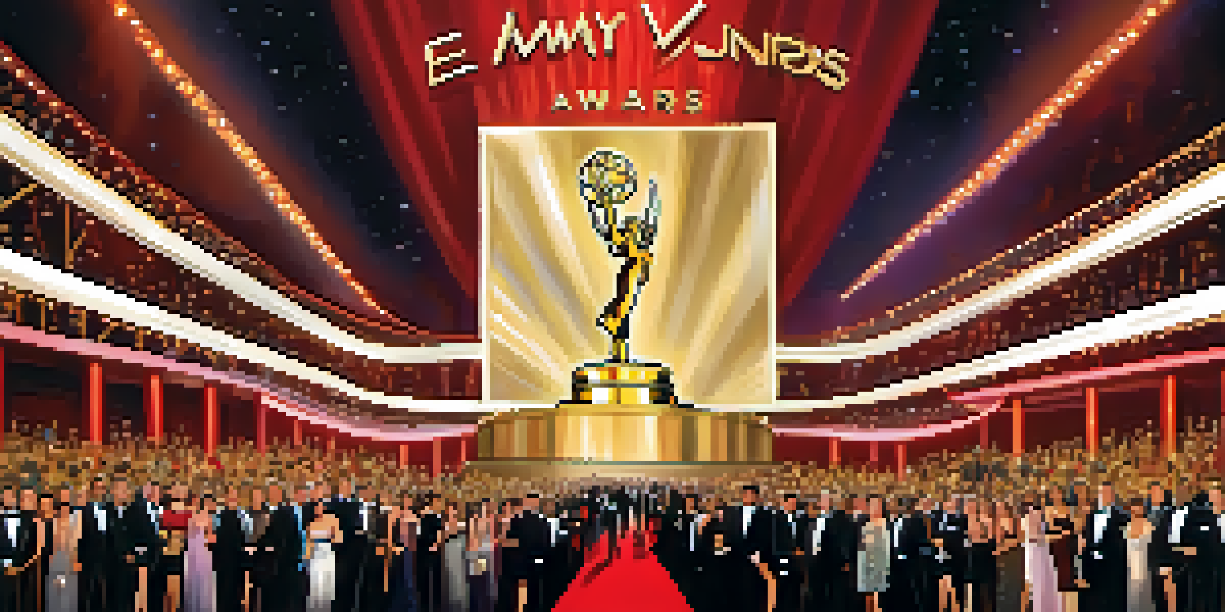A lively Emmy Awards event with guests in formal attire on the red carpet, illuminated by bright lights and a large banner.