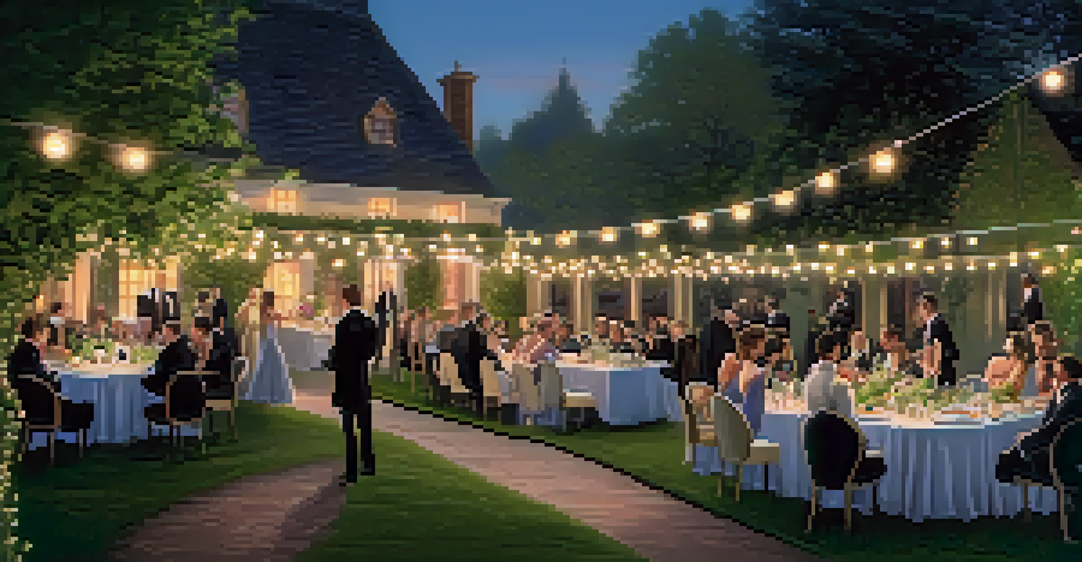 An outdoor garden party at dusk with guests in formal attire and fairy lights.