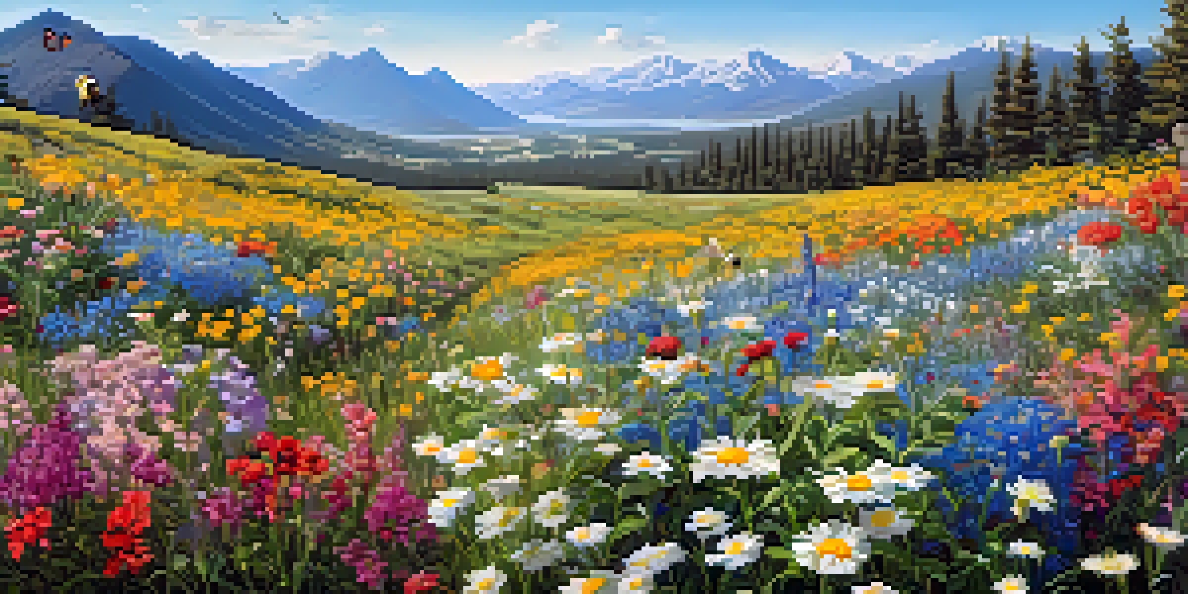 A vibrant field of wildflowers under a blue sky with mountains in the background.