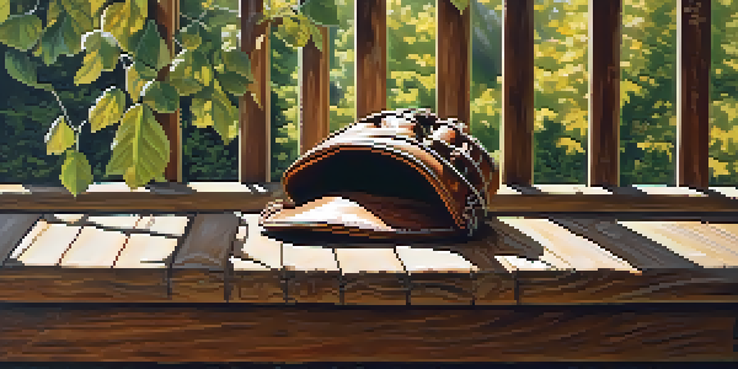 A vintage baseball glove and a baseball on a wooden bench, illuminated by sunlight filtering through trees.